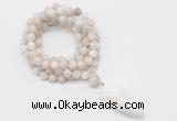 GMN4062 Hand-knotted 8mm, 10mm white crazy agate 108 beads mala necklace with pendant