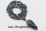 GMN4069 Hand-knotted 8mm, 10mm black banded agate 108 beads mala necklace with pendant