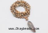 GMN4078 Hand-knotted 8mm, 10mm picture jasper 108 beads mala necklace with pendant