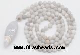 GMN4210 Hand-knotted 8mm, 10mm matte white crazy agate 108 beads mala necklace with pendant