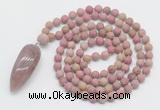 GMN4214 Hand-knotted 8mm, 10mm matte pink wooden jasper 108 beads mala necklace with pendant