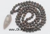 GMN4223 Hand-knotted 8mm, 10mm matte bronzite 108 beads mala necklace with pendant