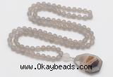 GMN4407 Hand-knotted 8mm, 10mm matte grey agate 108 beads mala necklace with pendant