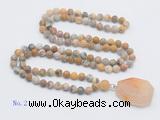 GMN4411 Hand-knotted 8mm, 10mm matte yellow crazy agate 108 beads mala necklace with pendant