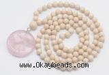 GMN4619 Hand-knotted 8mm, 10mm white fossil jasper 108 beads mala necklace with pendant