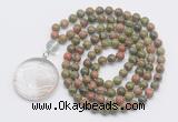 GMN4625 Hand-knotted 8mm, 10mm unakite 108 beads mala necklace with pendant