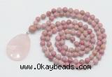 GMN4672 Hand-knotted 8mm, 10mm pink wooden jasper 108 beads mala necklace with pendant