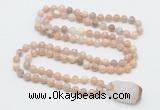 GMN4822 Hand-knotted 8mm, 10mm sunstone 108 beads mala necklace with pendant