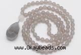 GMN5007 Hand-knotted 8mm, 10mm matte grey agate 108 beads mala necklace with pendant