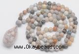 GMN5009 Hand-knotted 8mm, 10mm matte bamboo leaf agate 108 beads mala necklace with pendant