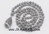 GMN5020 Hand-knotted 8mm, 10mm matte grey picture jasper 108 beads mala necklace with pendant