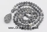 GMN5021 Hand-knotted 8mm, 10mm matte black water jasper 108 beads mala necklace with pendant