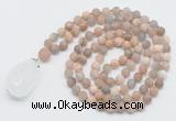 GMN5031 Hand-knotted 8mm, 10mm matte sunstone 108 beads mala necklace with pendant