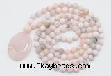 GMN5057 Hand-knotted 8mm, 10mm matte natural pink opal 108 beads mala necklace with pendant