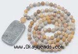 GMN5136 Hand-knotted 8mm, 10mm matte yellow crazy agate 108 beads mala necklace with pendant