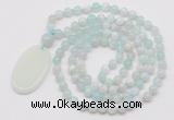 GMN5154 Hand-knotted 8mm, 10mm sea blue banded agate 108 beads mala necklace with pendant