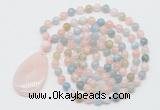 GMN5202 Hand-knotted 8mm, 10mm morganite 108 beads mala necklace with pendant