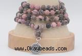 GMN5812 Hand-knotted 6mm matter rhodonite 108 beads mala necklaces with charm