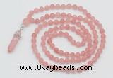 GMN5901 Hand-knotted 6mm matte cherry quartz 108 beads mala necklaces with pendant