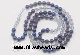 GMN6000 Knotted 8mm, 10mm amethyst, white crystal & lapis lazuli 108 beads mala necklace with charm