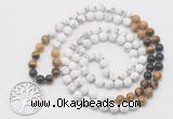 GMN6008 Knotted 8mm, 10mm matte white howlite & mixed gemstone 108 beads mala necklace with charm