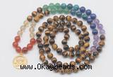 GMN6024 Knotted 7 Chakra 8mm, 10mm yellow tiger eye 108 beads mala necklace with charm