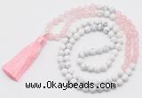 GMN6102 Knotted 8mm, 10mm rose quartz & white howlite 108 beads mala necklace with tassel