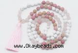 GMN6104 Knotted 8mm, 10mm white howlite, pink jasper & rose quartz 108 beads mala necklace with tassel