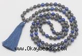 GMN6112 Knotted 8mm, 10mm black labradorite & lapis lazuli 108 beads mala necklace with tassel