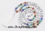 GMN6121 Knotted 7 Chakra 8mm, 10mm white howlite 108 beads mala necklace with tassel