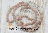 GMN6154 Knotted 8mm, 10mm sunstone, white crystal & white jade 108 beads mala necklace with charm