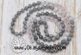 GMN6156 Knotted 8mm, 10mm labradorite, rose quartz & white moonstone 108 beads mala necklace with charm