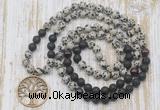 GMN6165 Knotted 8mm, 10mm dalmatian jasper, black lava & garnet 108 beads mala necklace with charm