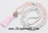 GMN6203 Knotted matte rose quartz & white howlite 108 beads mala necklace with tassel & charm