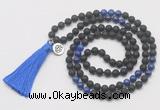 GMN6214 Knotted black lava & lapis lazuli 108 beads mala necklace with tassel & charm