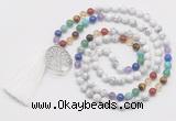 GMN6221 Knotted 7 Chakra white howlite 108 beads mala necklace with tassel & charm