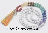 GMN6222 Knotted 7 Chakra white howlite 108 beads mala necklace with tassel & charm