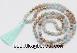 GMN6244 Knotted 8mm, 10mm matte amazonite & picture jasper 108 beads mala necklace with tassel