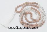 GMN6254 Knotted 8mm, 10mm sunstone, white crystal & white jade 108 beads mala necklace with tassel