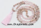 GMN6255 Knotted 8mm, 10mm sunstone, rose quartz & white jade 108 beads mala necklace with tassel