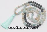 GMN6263 Knotted 8mm, 10mm matte amazonite & black lava 108 beads mala necklace with tassel