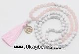 GMN6303 Knotted matte rose quartz & white howlite 108 beads mala necklace with tassel & charm