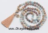 GMN6306 Knotted 8mm, 10mm matte mixed amazonite & jasper 108 beads mala necklace with tassel & charm