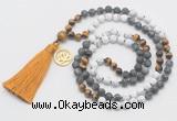 GMN6309 Knotted matte white howlite & black labradorite 108 beads mala necklace with tassel & charm