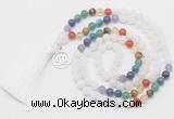 GMN6319 Knotted 7 Chakra white jade 108 beads mala necklace with tassel & charm