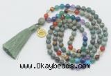 GMN6326 Knotted 7 Chakra African turquoise 108 beads mala necklace with tassel & charm