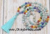 GMN6339 Knotted 7 Chakra 8mm, 10mm amazonite 108 beads mala necklace with tassel