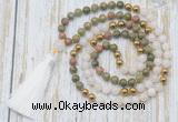 GMN6349 Knotted 8mm, 10mm unakite, white jade & hematite 108 beads mala necklace with tassel