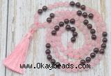 GMN6352 Knotted 8mm, 10mm rose quartz & garnet 108 beads mala necklace with tassel