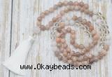 GMN6354 Knotted 8mm, 10mm sunstone, white crystal & white jade 108 beads mala necklace with tassel